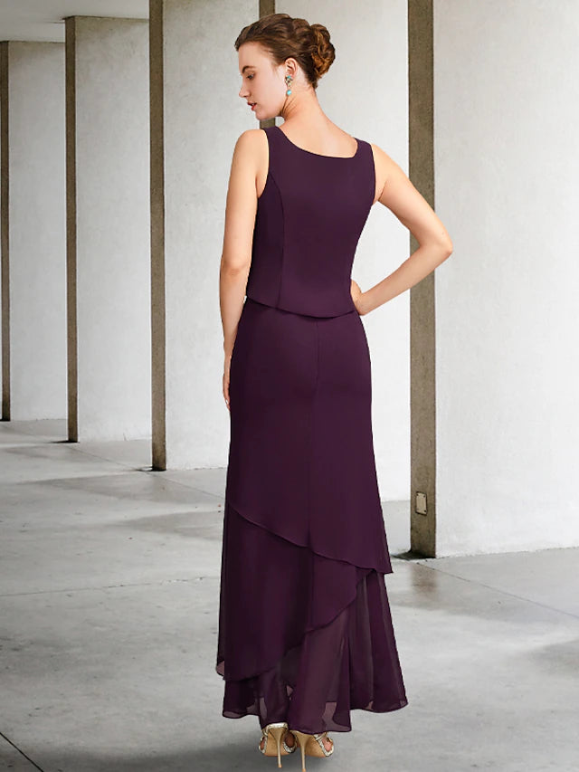 Zweiteiliges A-Linien-Kleid für die Brautmutter in Übergröße, elegant, quadratischer Ausschnitt, knöchellang, Chiffon, ärmellos, Wickeljacke inklusive, Kleider mit Perlenbesatz, Perlenbesatz